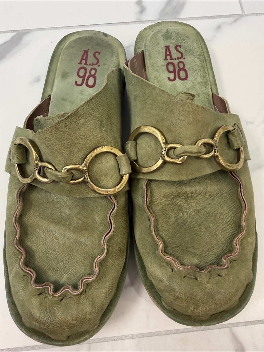 A.S.98 Olive Green Leather Mules with Gold Chain Accent - Picture 5 of 7